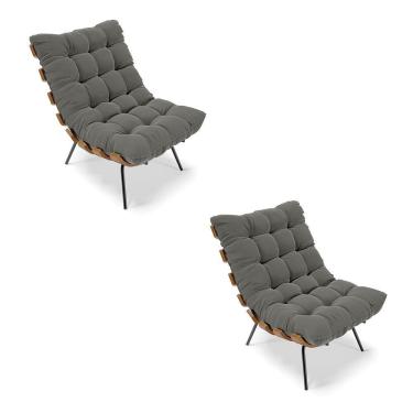 Imagem de Kit 02 Poltronas Costela Suede Base Metálica Preto Grafite