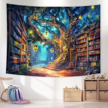 Imagem de SVBright Tapeçaria para pendurar na parede de tecido biblioteca de fantasia 198x159 cm A árvore mágica de conto de fadas árvore misteriosa livro mágico bruxa vintage estética decoração de casa arte
