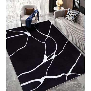 Imagem de YIHOUSE Tapete de área lavável moderno para sala de estar e quarto - Tapete grande abstrato preto e branco antiderrapante ultrafino para decoração de casa (deformação escura, 1,5 m x 18 m)