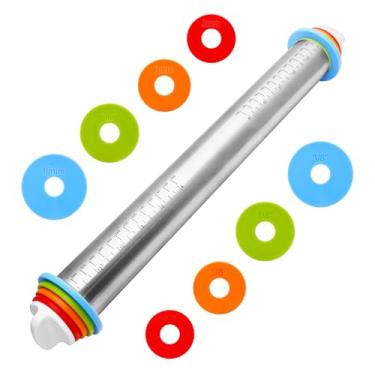Imagem de Rolo de massa ajustável com 4 anéis de espessura para assar, rolo de massa de aço inoxidável de 43 cm com marcações de medida claras para pizza, fondant, torta, biscoitos, suprimentos de panificação