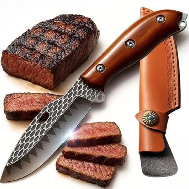 Imagem de Faca Cascavel 24cm Lâmina Aço 440C Textura Martelada Cabo Ébano Rubi Multiuso Churrasco Camping Pesca Bainha Couro Rústico Afiada Resistente