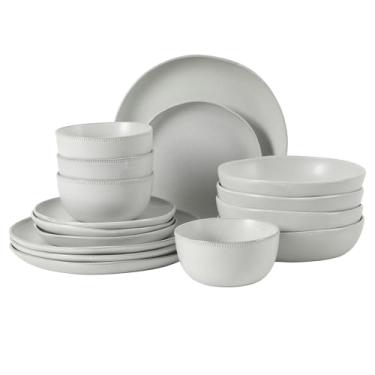 Imagem de Gibson Elite Conjunto de louça de cerâmica Menlo Park com 16 peças – Esmalte branco reativo, pratos e tigelas em relevo com tigela de massa, serviço para 4 pessoas – Seguro para micro-ondas e