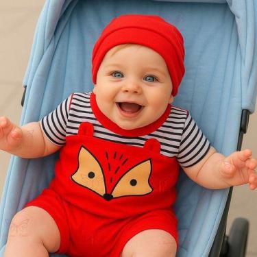 Imagem de Conjunto Macacão Curto + Touca Raposinha Bebe Menino Tam RN a 04 Meses