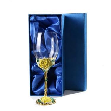 Imagem de Gets Taças de vinho pintadas flor esmaltada taça de vinho de cristal decorativa com caixa de presente azul para aniversário de casamento (1 amarelo + caixa de presente)