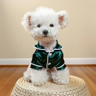 Imagem de Layheld Pijama elegante de cetim com laço e faixa de cabeça, conjunto de 2 peças, roupa de dormir para animais de estimação, cosplay, vários tamanhos para gatos e cães pequenos (conjunto verde, médio)