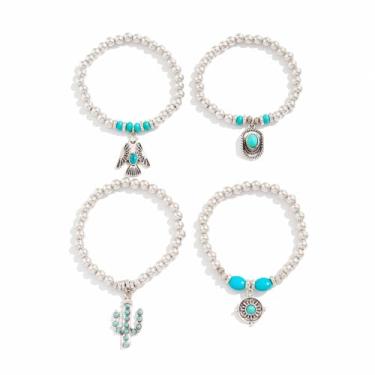 Imagem de Kokoma Conjunto de 4 pulseiras de contas ocidentais para mulheres, chapéu turquesa ajustável, pingente de pássaro, corrente de elos vintage, pulseira empilhável, joias modernas