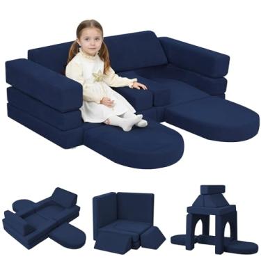 Imagem de MeMoreCool Sofá infantil, sofá modular de 10 peças para sala de jogos, cama infantil dobrável, sofá de construção de espuma para meninos e meninas, azul marinho