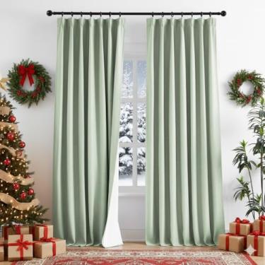 Imagem de Cortinas plissadas de linho com 213 cm de comprimento para sala de estar, painéis de cortina blackout verde sálvia com ganchos e anéis, aba traseira, boho, neutro, cortinas de casa de fazenda, para
