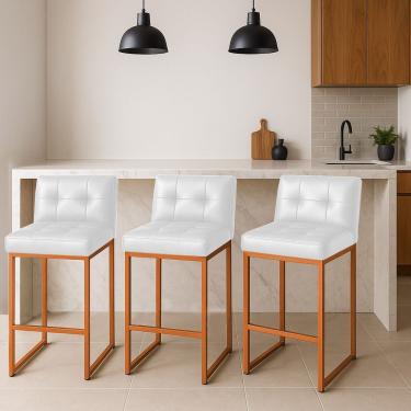 Imagem de Banqueta Cozinha Alta Com Encosto Industrial Kit 3 Bronze Lirina Pu Branco C05 - D'rossi