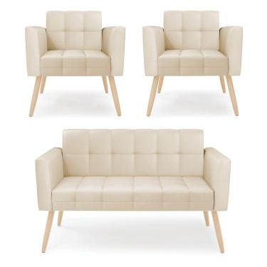 Imagem de Kit 1 Sofá Namoradeira E 2 Poltronas Elisa Corino Pés Palito Natural - D'rossi Cor Bege