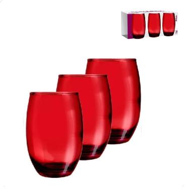 Imagem de Kit 3 Copos Vermelho Jogo Vidro 475ml Bebidas Agua Suco Drink Casa Bar Restaurante Conjunto Luxo