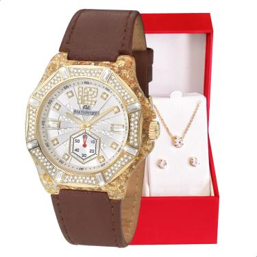 Imagem de Relógio Feminino Champion Ana Hickmann Couro Cristais AH20097B Colar e Brincos