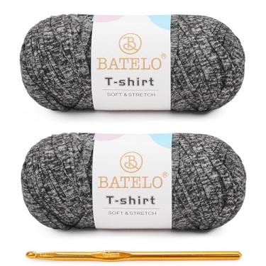 Imagem de BATELO Pacote com 2 fios de camiseta para iniciantes em crochê/cesta/porta-copos de 400 g/144 m de tecido elástico de poliéster grosso (preto cinza)