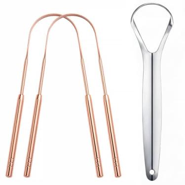 Imagem de Raspador de língua de metal para adultos, raspadores de língua de aço inoxidável com estojos de viagem, ferramenta de limpeza oral reutilizável para hálito fresco e higiene da língua, conjunto
