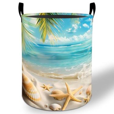 Imagem de Cesto de lavanderia de praia 50 x 40 cm, oceano estrela do mar, dobrável, à prova d'água, balde de armazenamento de roupas Oxford para quarto, banheiro, quarto de bebê, organizador de brinquedos
