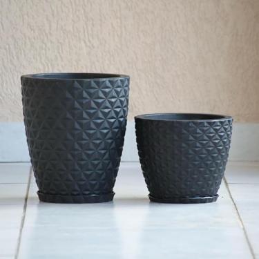 Imagem de Kit Jogo 2 Vasos para Plantas e Flores Decorativo Coluna Bojo Diamante com Prato em Polietileno (Preto)