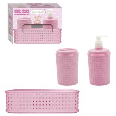 Imagem de Cor:Rosa Bebê Kit 3x1 Bebê e Mamãe Porta Algodão + Porta Sabonete + Cesta