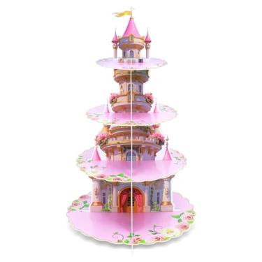 Imagem de Suporte de cupcake de princesa resistente, GG, 4 camadas, tema de castelo rosa - suporte de papelão para meninas, aniversário e chá de bebê, design de carruagem de coroa floral, decorações de festa