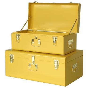 Imagem de Vixdonos Baú de armazenamento decorativo grande caixa de metal conjunto de 2 organizadores de dormitório universitário com ferrolho e alça para decoração de casa, 50 x 36 x 24 cm