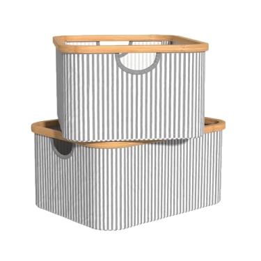 Imagem de ClosetMaid Cestas de armazenamento de cesto de roupa suja com moldura de bambu, portátil, design dobrável, independente, listrado (pacote com 2), azul/branco
