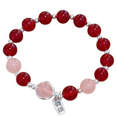 Imagem de Pulseira de ágata vermelha elástica para mulheres, 16 cm, detalhes prateados, pulseira de cura de cristal natural, pingente elegante da sorte para paz e saúde
