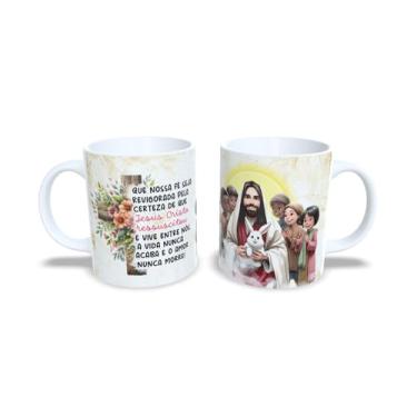 Imagem de Caneca Cristã em Cerâmica, Jesus é o Caminho a Verdade e a Vida, Decorativa com Cruz Floral, Turquesa e Branca, 325ml (18063)