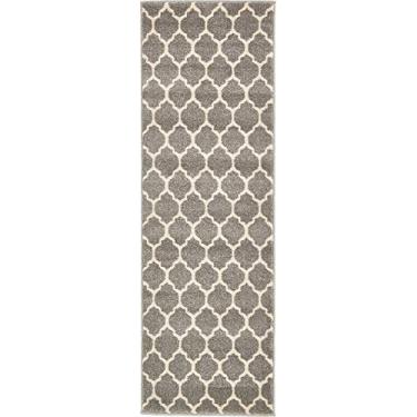 Imagem de Unique Loom Coleção Trellis Tapete moderno marroquino inspirado com design de treliça, corredor de 6 cm x 1,8 m, cinza escuro/bege