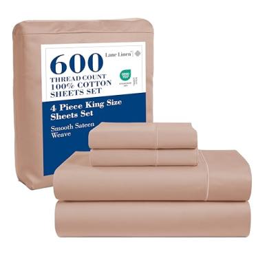 Imagem de LANE LINEN Lençóis de cama king size – 600 fios de fibra longa 100% algodão, lençóis de resfriamento natural king size, roupa de cama econômica, baixo comprimido e resistente ao desbotamento, bolso