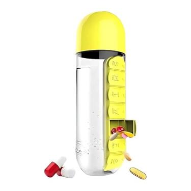 Imagem de Garrafa para Academia Fitness de Água com Porta Comprimidos 600ML Lembrete de Comprimidos (Amarelo)