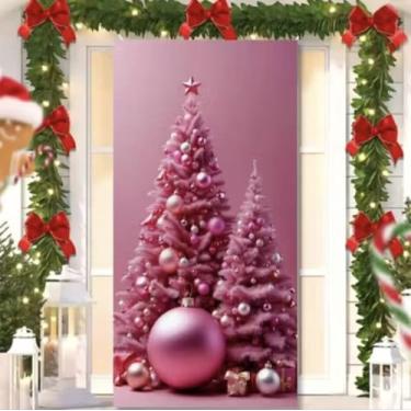 Imagem de Capa para Porta Feliz Natal Rosa com Elástico – Painel Decorativo Feliz Papai Noel Tecido Premiun (2,10 Cms X 0,85 Cms) (6)