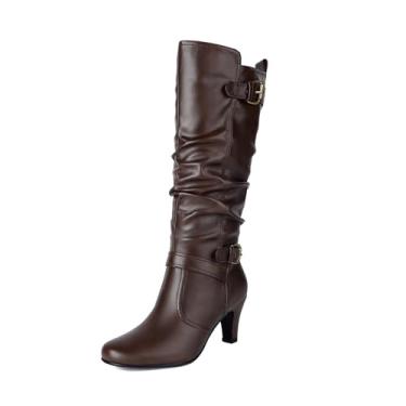 Imagem de UTIKLIOU Botas femininas de cano alto, botas de cano alto, botas de salto alto, sapatos vintage de inverno, Marrom