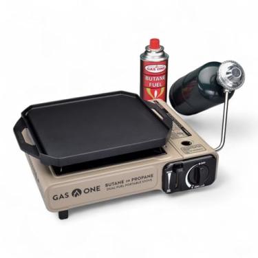 Imagem de GasOne GS-3400P-KIT Fogão a gás propano ou butano com chapa plana incluída – Queimadores de fogão de barraca de propano de combustível duplo para cozinhar para acampamento, cozinha – alumínio fundido