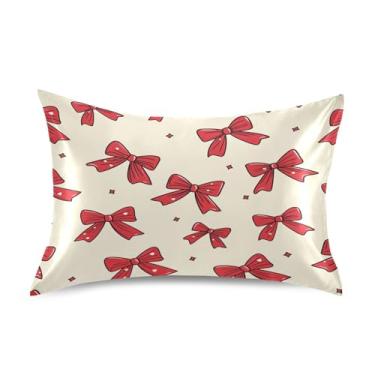 Imagem de Blueangle Fronha de cetim Red Bows para cabelo e pele, fronha de seda, tamanho padrão (51 x 66 cm) - Capas de almofada de cetim refrescantes com fecho de envelope (699)