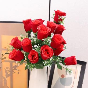 Imagem de 1 buquê de 7 cabeças rosa artificial artificial rosa vermelha flor haste dia dos namorados presente decorativo casa decoração de vaso diário, 33 cm