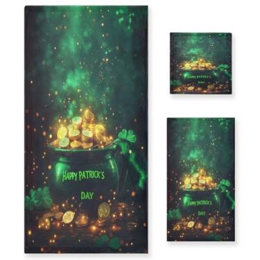 Imagem de Blueangle Conjunto de toalhas decorativas de banheiro com padrão de pote dourado do dia de São Patrício, conjunto de 3 peças com toalha de banho, toalha de mão e toalha de banho (153)