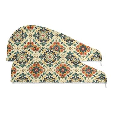 Imagem de SEHANY Toalha de cabelo de microfibra boêmia marrom vintage para mulheres, 2 peças, turbantes de cabelo de secagem rápida com botão, touca de cabelo seco absorvente toalha de secagem de cabelo para