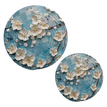 Imagem de Blueangle 2 peças de suporte de panela de flores brancas - conjunto de pegadores de panela de tecido redondo - almofadas quentes trançadas de algodão - porta-copos - tapetes de mesa para cozinhar e