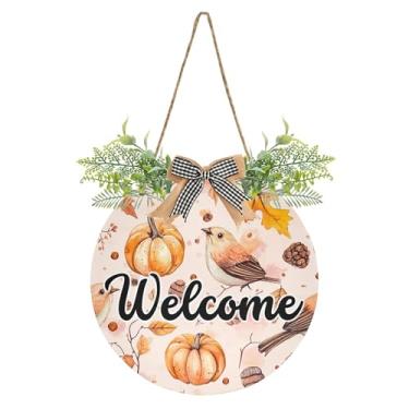 Imagem de SEHANY Guirlandas de outono para decoração de porta da frente, letreiro de boas-vindas de abóboras de madeira rústica para pendurar no dia de Ação de Graças para decoração de festas ao ar livre