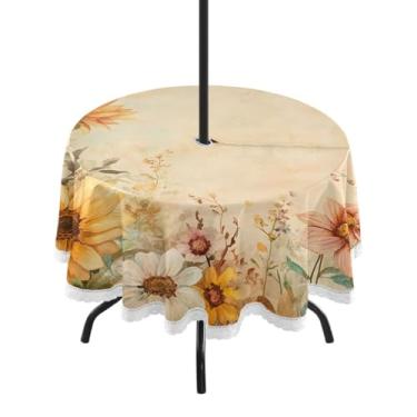 Imagem de ATTX Toalha de mesa redonda vintage girassóis ao ar livre – 152 cm, impermeável, à prova de derramamento, uso interno/externo, com orifício para guarda-chuva com zíper para acampamento, piquenique