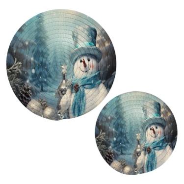 Imagem de Blueangle 2 peças de suporte de panela de trivet de boneco de neve de Natal - conjunto de pegadores de panela de tecido redondo - almofadas quentes trançadas de algodão - porta-copos - tapetes de mesa