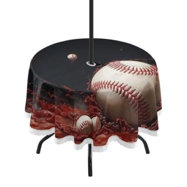 Imagem de ATTX Toalha de mesa redonda com padrão de beisebol – 152 cm, impermeável, à prova de derramamento, uso interno/externo, com orifício para guarda-chuva com zíper para acampamento, piquenique, praia