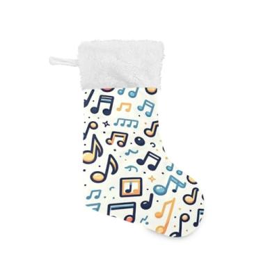 Imagem de ATTX 1 pacote de meias de Natal com nota musical com punho de pelúcia branco - Decoração de Natal para presentes, meia de 48 cm #413