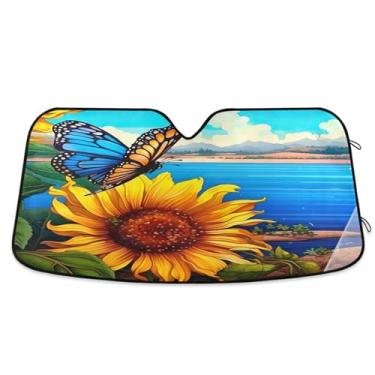 Imagem de ATTX Para-brisa de carro borboleta girassol 134.6 cm x 59.7 cm escudo solar universal com proteção UV, persiana de janela frontal automática dobrável para Sedans SUVs caminhões #18