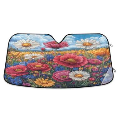 Imagem de ATTX Pára-brisas de carro colorido Wildflowers 139.7 cm x 70.1 cm Protetor solar universal com proteção UV, persiana de janela frontal automática dobrável para caminhões Sedans SUVs #171