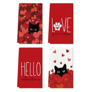 Imagem de Artoid Mode Black Cats Red Hearts Toalha de prato com estampa de pata dos namorados, 45 x 66 cm, decoração de casamento, conjunto de limpeza de 4