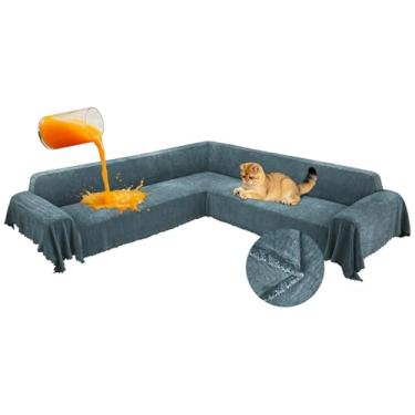 Imagem de ROFASVCO 1OO% capas de sofá seccionais de canto à prova d'água em forma de L com borla, macia, grossa, lavável, protetor de móveis para cães de estimação (231 x 640 cm, azul empoeirado)