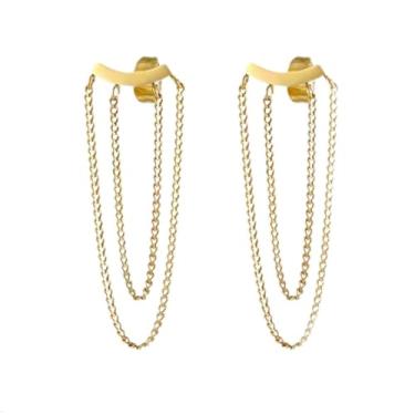 Imagem de Brincos pendentes de corrente de ouro, banhado a ouro amarelo 18 K sobre aço inoxidável, barra curvada com gota de corrente dupla, joias femininas modernas, resistente a manchas, queda de 3,8 cm