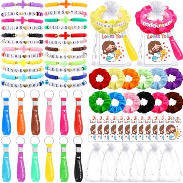 Imagem de Kenning 72 peças de presentes de festa de Natal, incluindo pulseiras com cruz de Jesus, pulseiras cristãs, chaveiros coloridos, cartões elásticos de cabelo, sacos de organza, conjunto religioso a