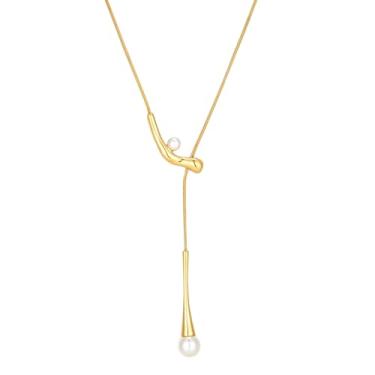 Imagem de Colar em Y de pérola elegante, corrente dourada ajustável, design geométrico com pérolas duplas, 27.0 Inches, Aço de titânio, Titânio