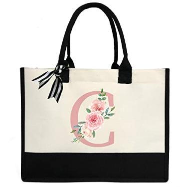 Imagem de Bolsa feminina de lona com inicial personalizada, bolsa de praia com bolso interno com zíper para casamento, aniversário, praia, férias, C, Large